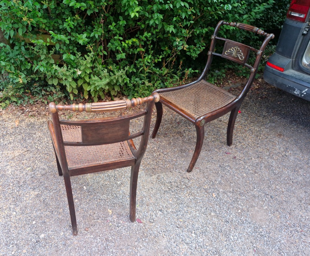Pair of Regency brass mounted cane seat bedroom chairs.  View VII