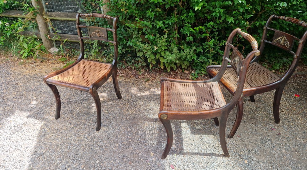 Pair of Regency brass mounted cane seat bedroom chairs.  View VIII