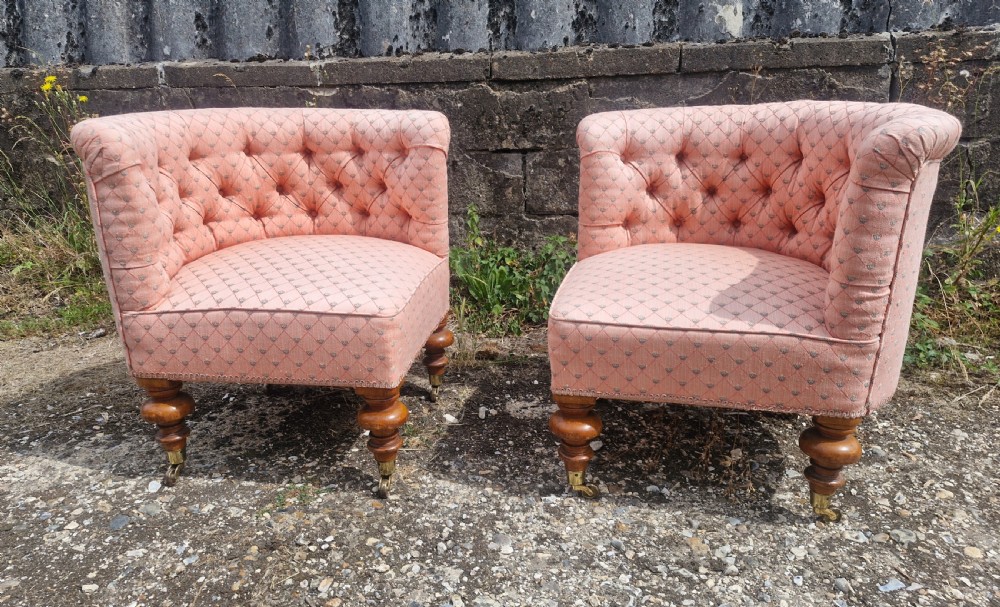 Lovely pair of late Victorian upholstered corner bedroom chairs.  View IX