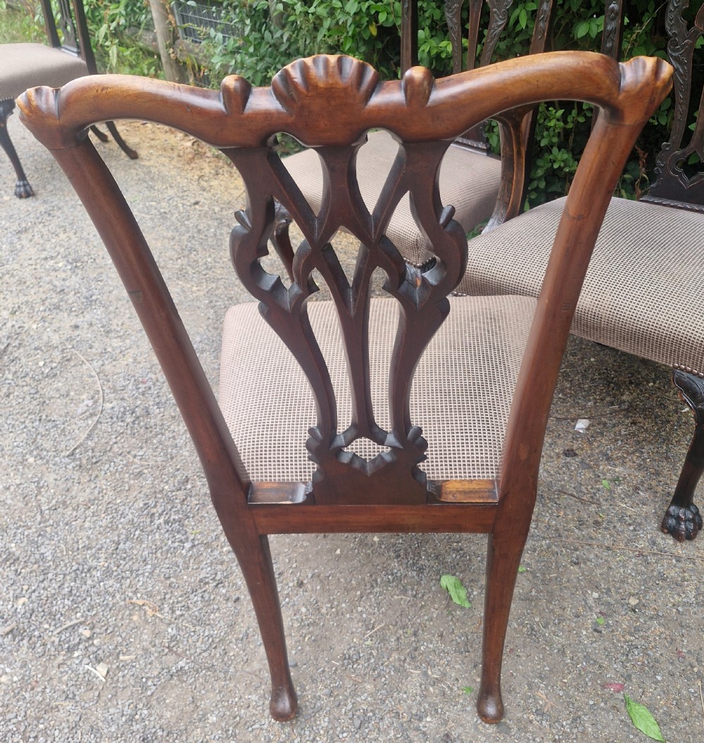 A set of eight dark mahogany Chippendale style dining chairs featuring carved splat backs, cabriole legs with ball and claw feet, and neutral patterned fabric seats. View IV