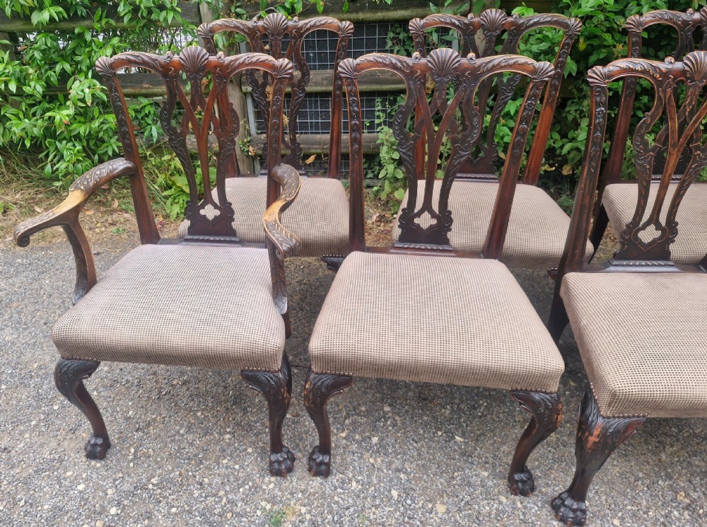 A set of eight dark mahogany Chippendale style dining chairs featuring carved splat backs, cabriole legs with ball and claw feet, and neutral patterned fabric seats. View VII