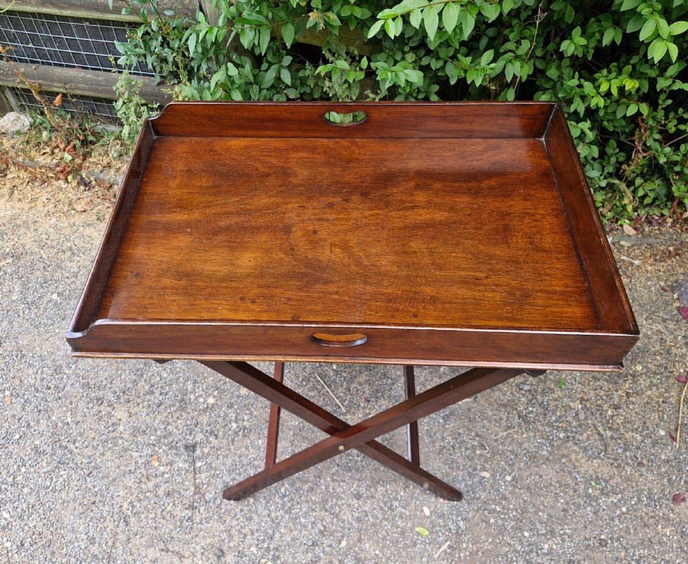19th century mahogany butlers tray on stand.  View II