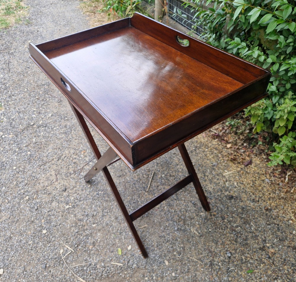 19th century mahogany butlers tray on stand.  View VI