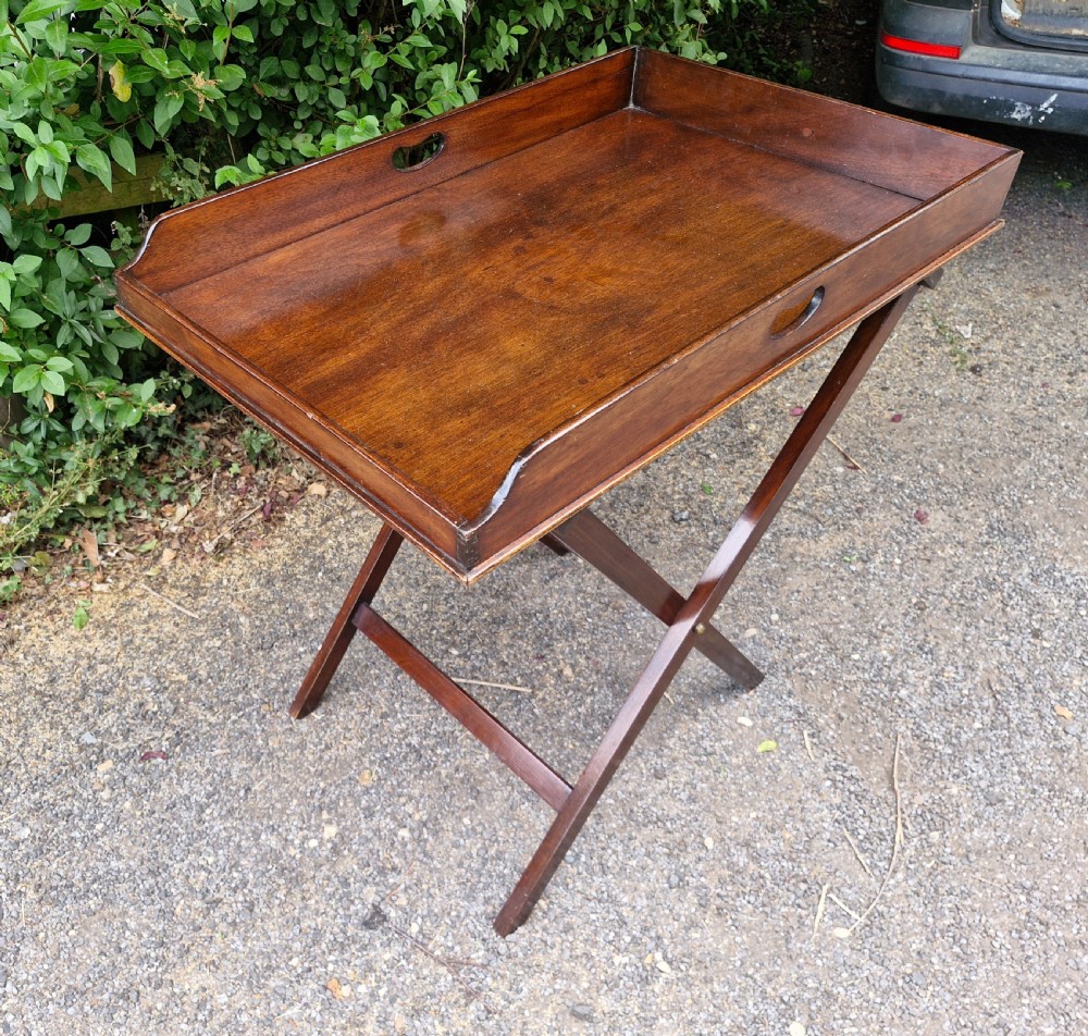 19th century mahogany butlers tray on stand.  View VII