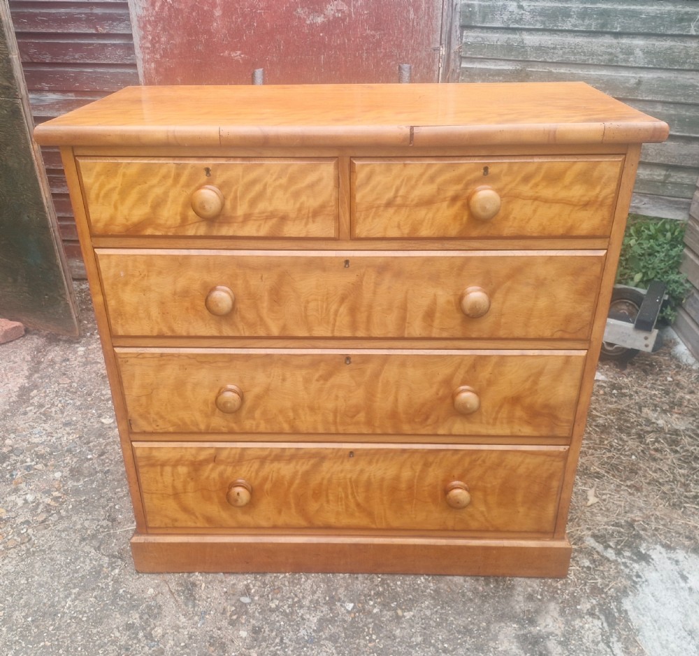 A Victorian satin birch chest of drawers featuring two short drawers over three long graduated drawers with turned wooden handles.