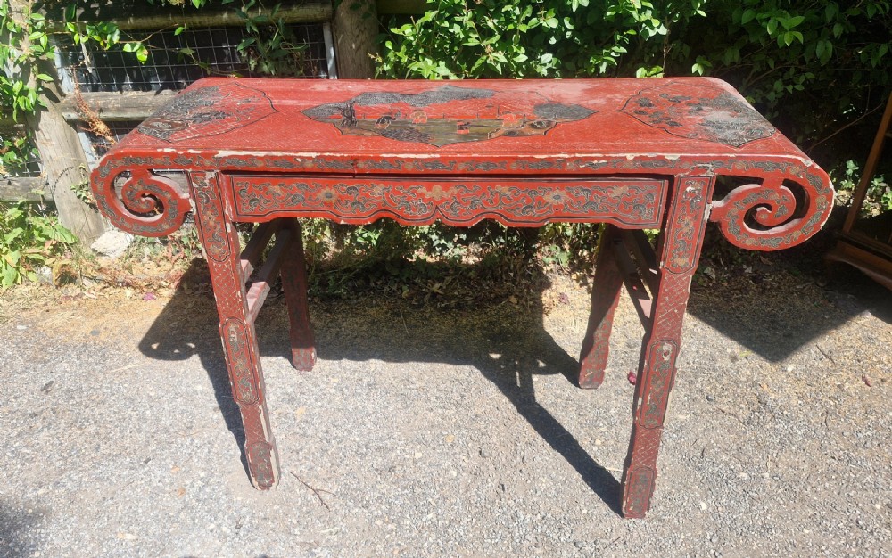 Decorated Chinese altar table on country house condition. 