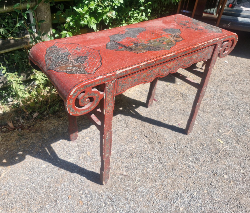 Decorated Chinese altar table on country house condition.  View V