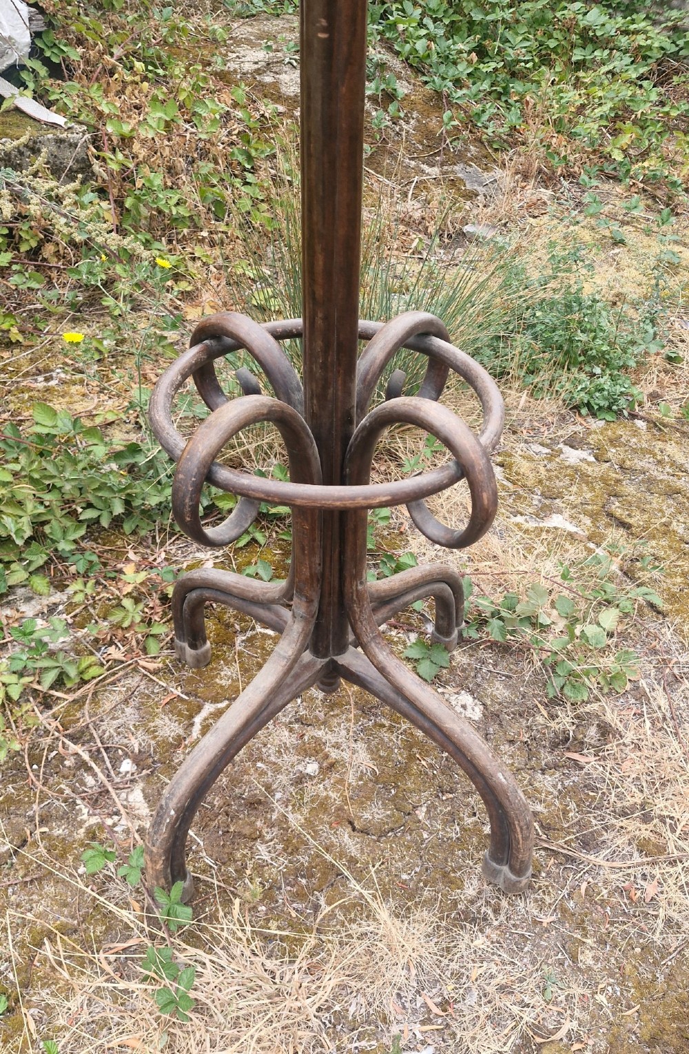 An early twentieth-century dark brown bentwood freestanding hat and coat stand featuring scrolled upper hooks, a mid-height umbrella ring, and splayed legs. View II