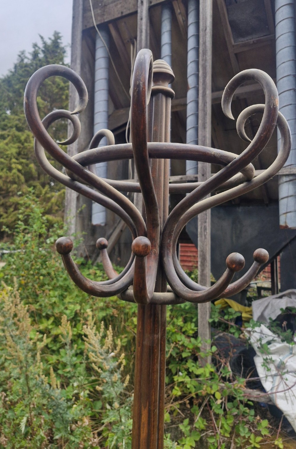An early twentieth-century dark brown bentwood freestanding hat and coat stand featuring scrolled upper hooks, a mid-height umbrella ring, and splayed legs. View IV