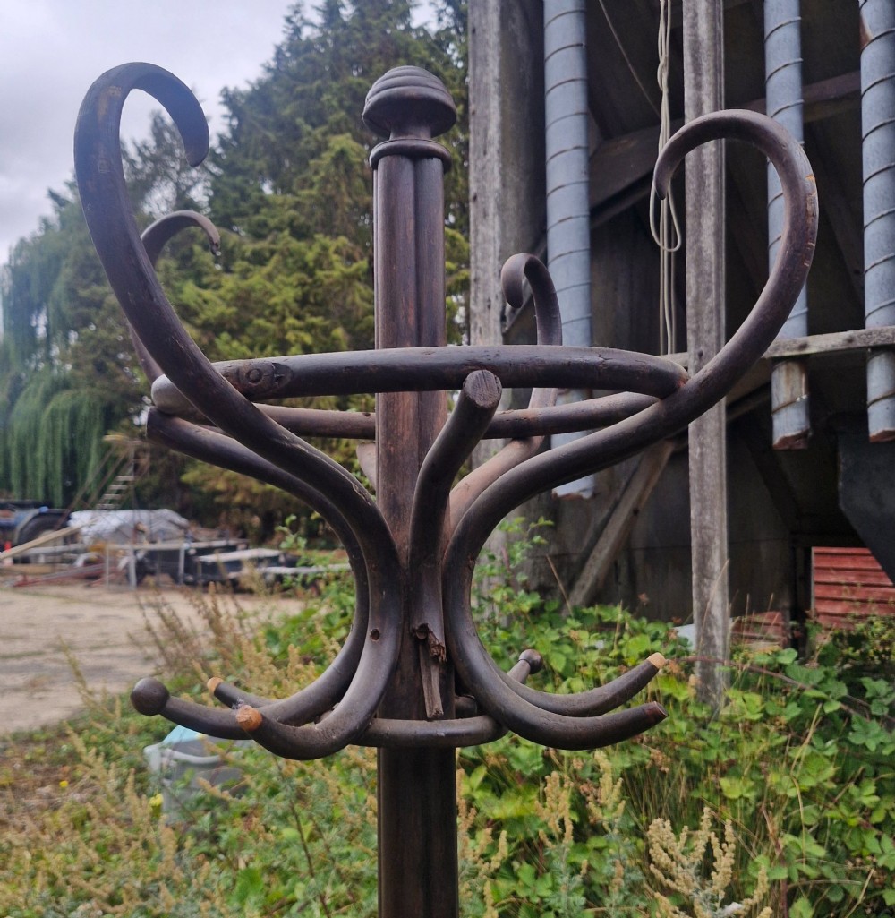 An early 20th-century dark brown steam-bent beechwood freestanding hat and coat stand featuring curved upper hooks and an integrated lower umbrella ring. View VI