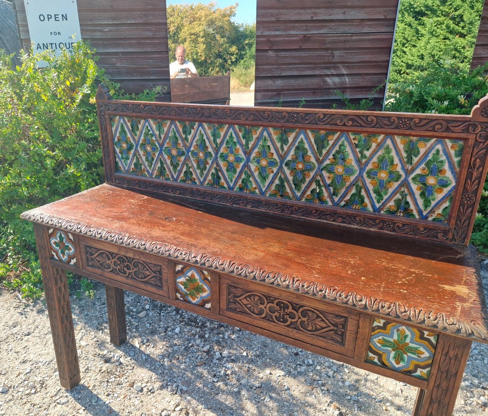 Late Victorian oak 2 drawer side table with decorative tiles. View IV