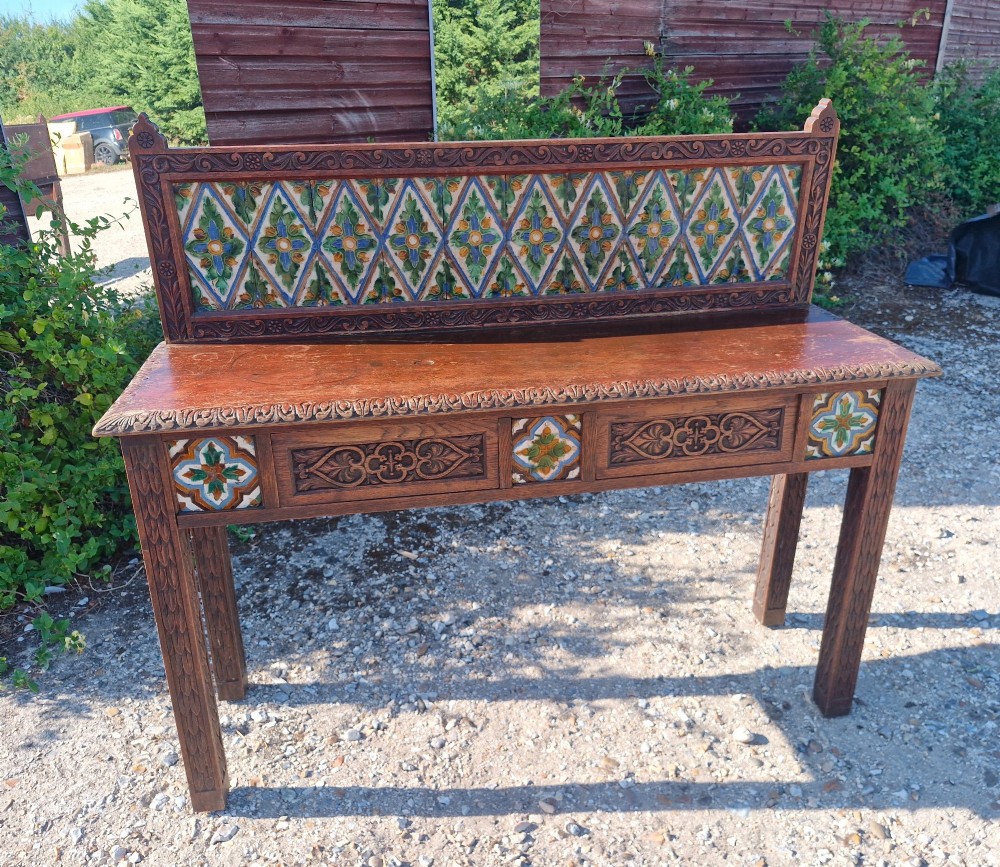 Late Victorian oak 2 drawer side table with decorative tiles. View VI