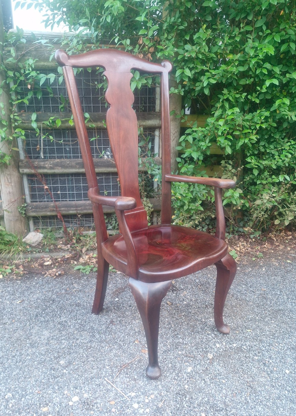 A high-backed solid mahogany armchair featuring a contoured vasiform splat back, shaped armrests, solid timber seat, and cabriole front legs. View III