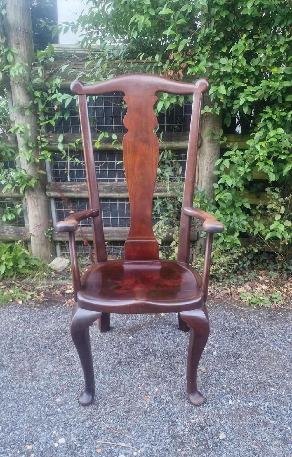A high-backed solid mahogany armchair featuring a contoured vasiform splat back, shaped armrests, solid timber seat, and cabriole front legs. View V