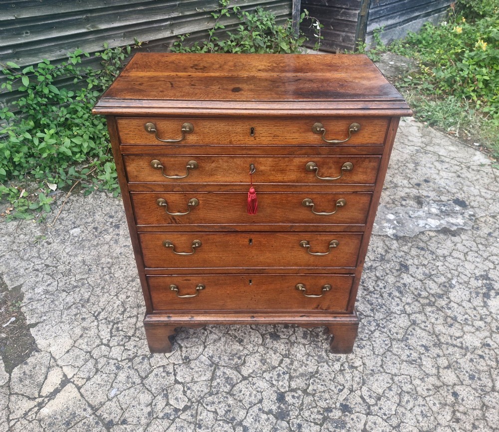 A Georgian oak chest of drawers featuring five graduated drawers with brass swan-neck handles and bracket feet.