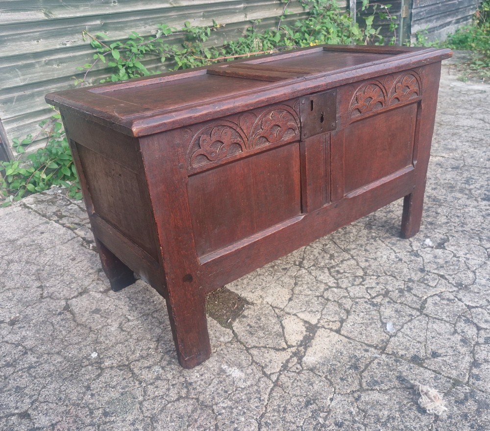 An 18th century dark oak coffer chest with carved arch motifs across the upper frieze, two front panels, and a central iron keyplate.