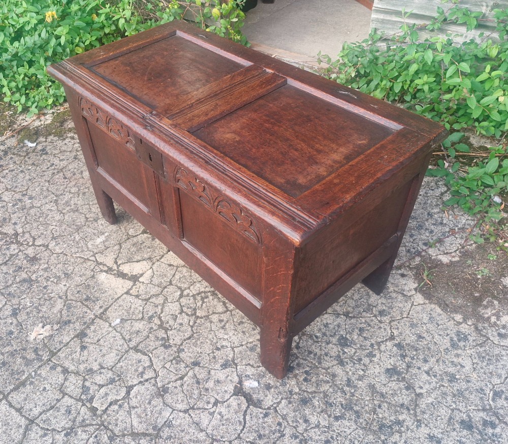 An 18th century dark oak coffer chest with carved arch motifs across the upper frieze, two front panels, and a central iron keyplate. View III