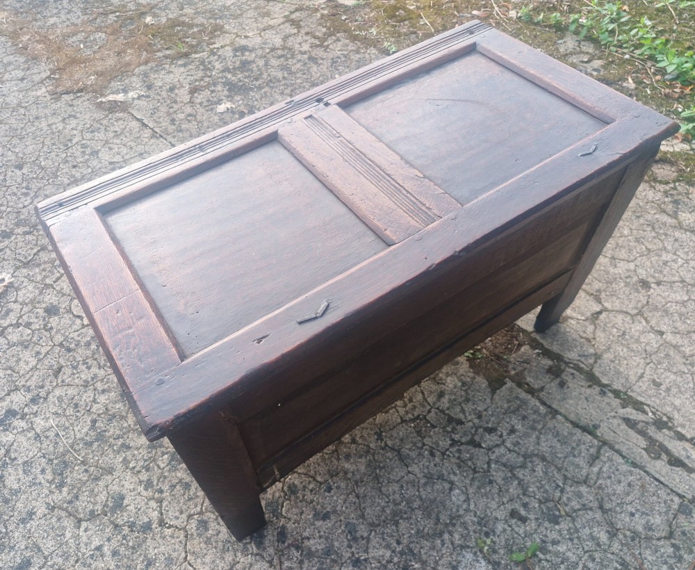 An 18th century dark oak coffer chest with carved arch motifs across the upper frieze, two front panels, and a central iron keyplate. View IV