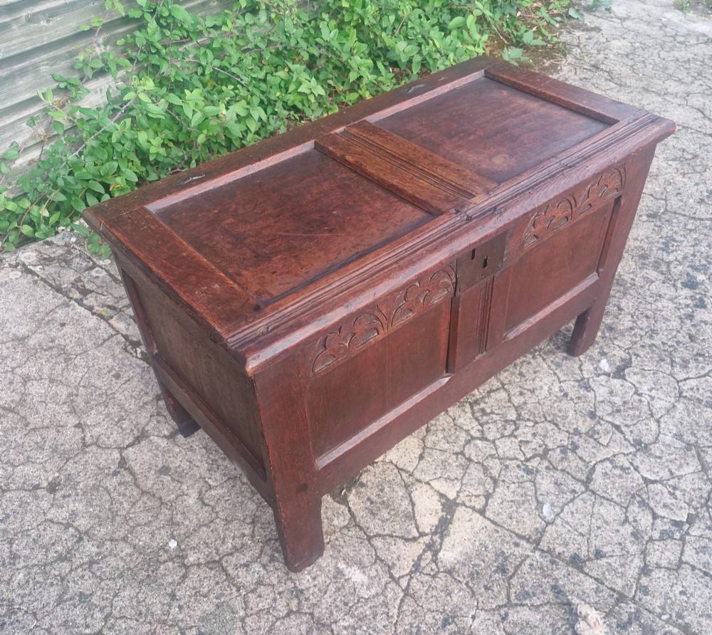 An 18th century dark oak coffer chest with carved arch motifs across the upper frieze, two front panels, and a central iron keyplate. View VI