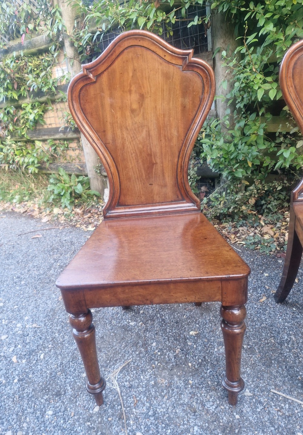A pair of Victorian timber hall chairs featuring shaped back panels, solid wooden seats, and turned front legs. View II