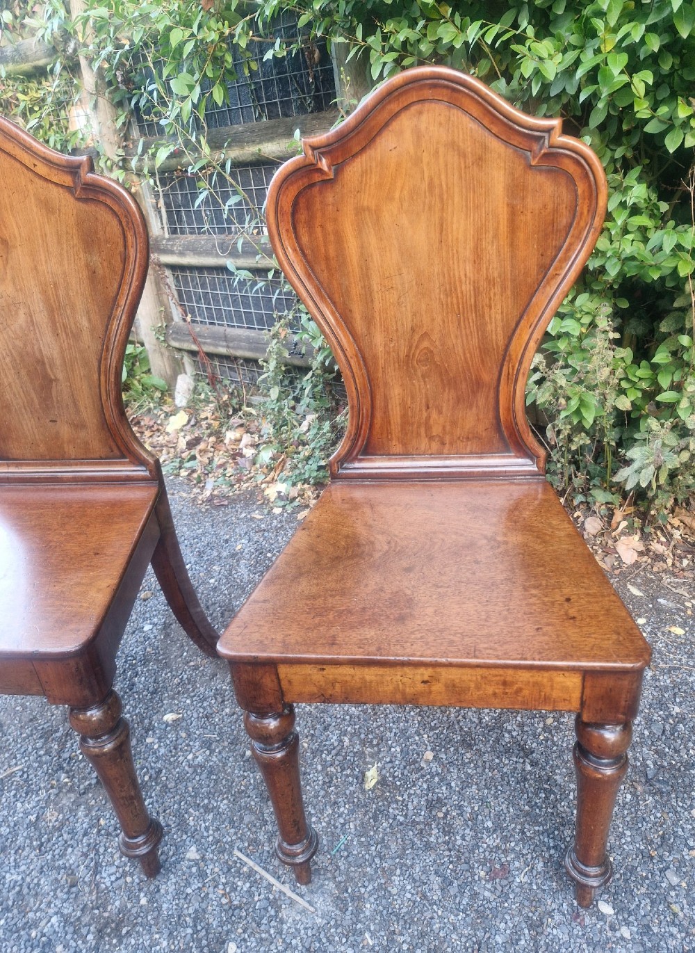 A pair of Victorian timber hall chairs featuring shaped back panels, solid wooden seats, and turned front legs. View III