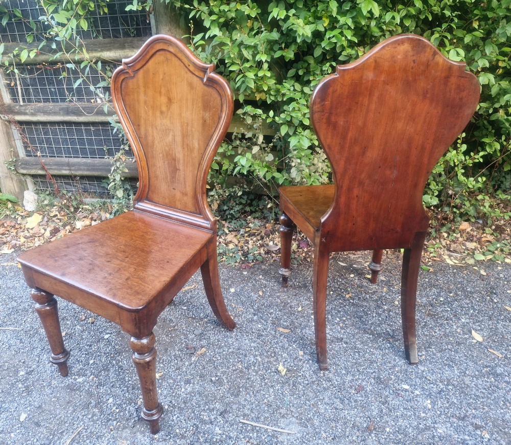 A pair of Victorian timber hall chairs featuring shaped back panels, solid wooden seats, and turned front legs. View IV