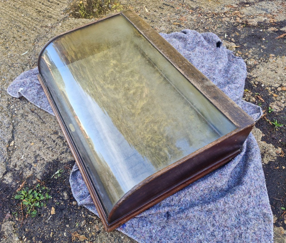 An antique dark oak tabletop display cabinet featuring a curved front glass pane and glazed top.