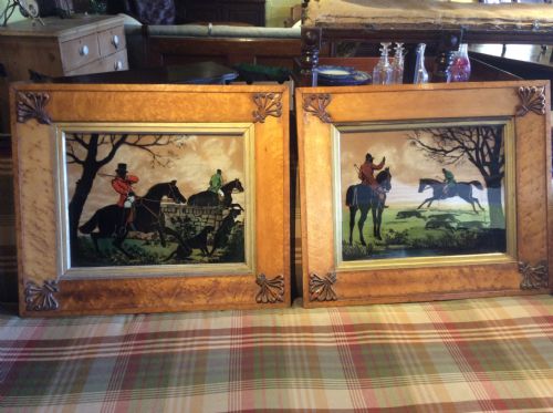 19th C Pair of Hunting Scenes in Bird’s Eye Maple Frames.