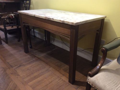 19thc English Oak Gothic Side Table with Fluted Square Legs and Marble Top