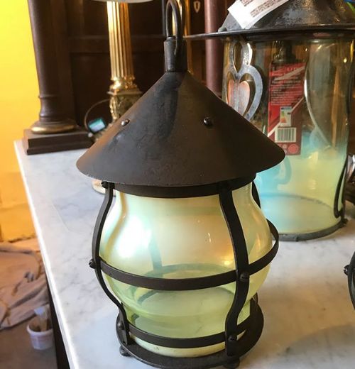 Pair of Arts & Crafts Steel Lanterns with Vaseline Shades C.1900