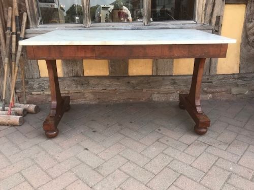 19thc Freestanding 3 Drawer Mahogany Table with Marble Top Stamped Gillows