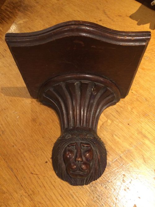 19thc Mahogany Wall Bracket with Carved Stylized Lion’s Head
