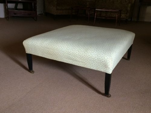 19thc Ebonised Tapered Leg Large Square Stool in Ticking