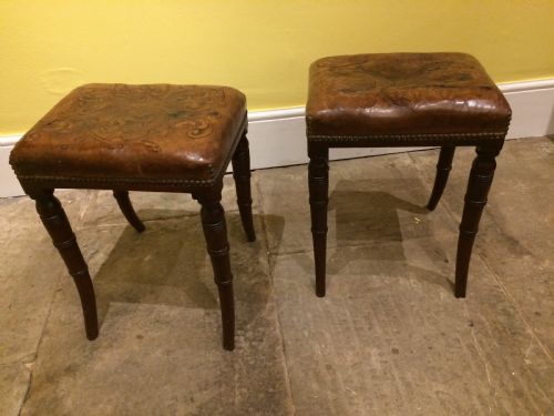 18thc Pair of Mahogany Sabre Leg and Embossed Leather Stools