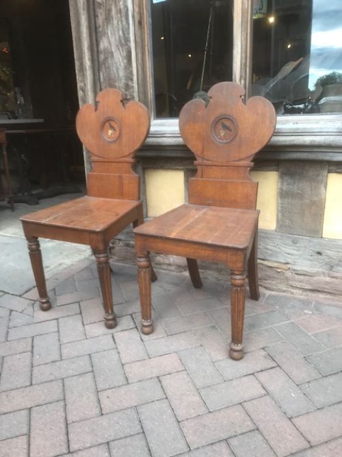 19thc Pair of Oak Hall Chairs