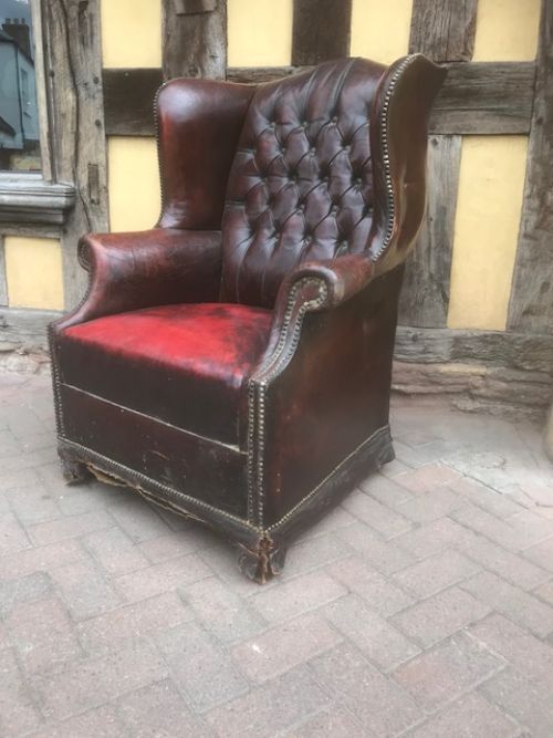 19thc Red Leather Wing and Button Armchair