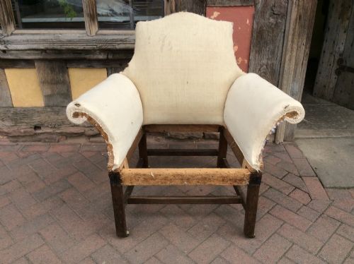18thc Mahogany Scroll Arm, Camel Back Armchair