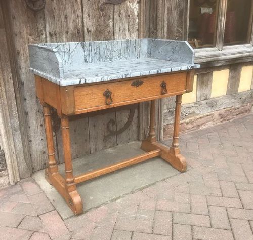 19thc Gothic Oak & Marble Top Washstand