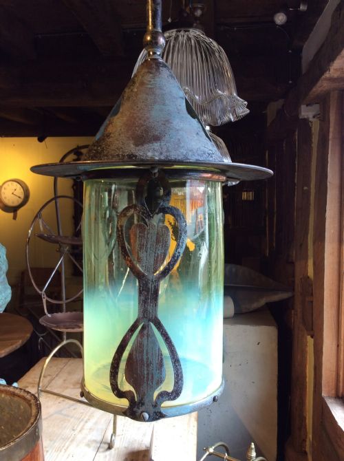 Arts & Crafts Vaseline Shade Pendant Lantern Light. C.1900