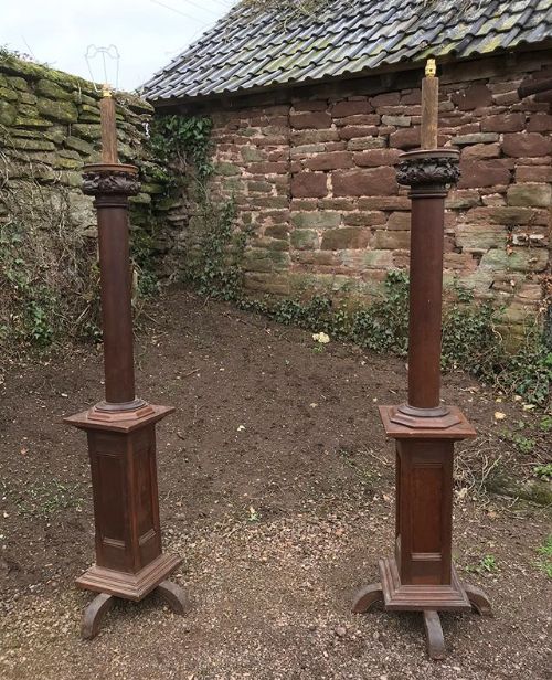 Pair of 19thc Freestanding Carved Oak Lamps