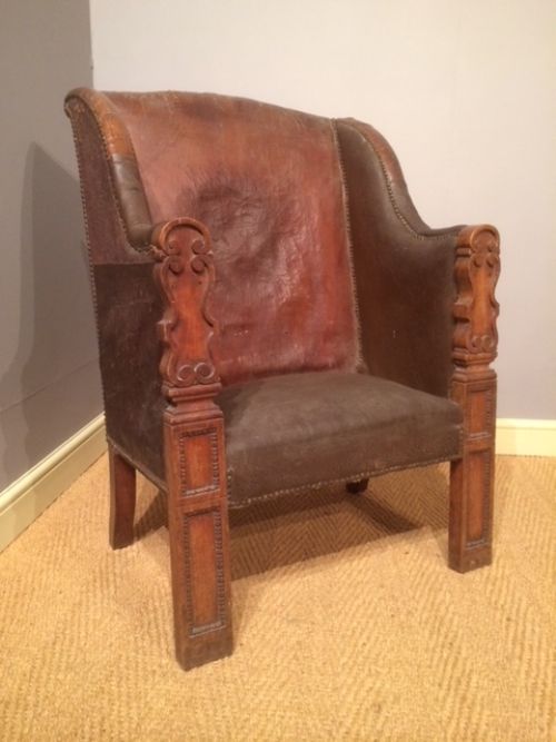 19thc Walnut and Part Leather Armchair