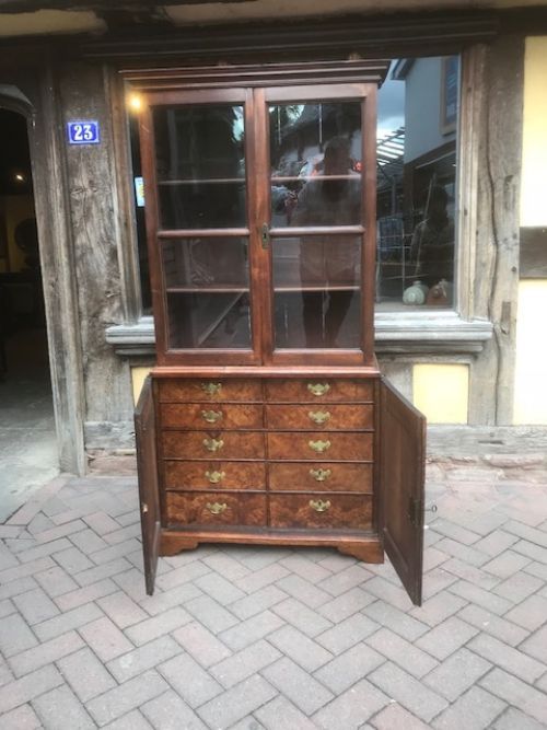18thc Walnut Bookcase Cabinet of Small Proportion, with Fitted Drawers.