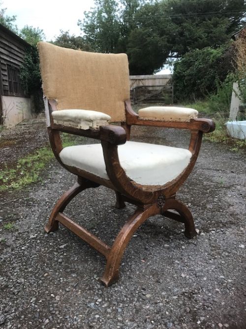 19thc Oak X Framed Armchair by Gillows of Lancaster