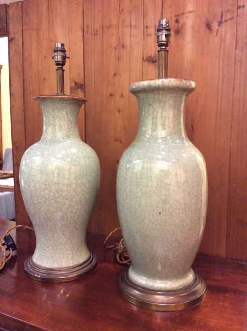 A Near Pair of Celadon Large Table Lamps