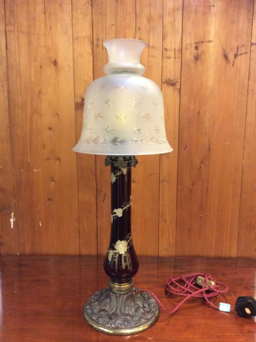 19thc Cranberry Glass A& Brass Lamp with Shade