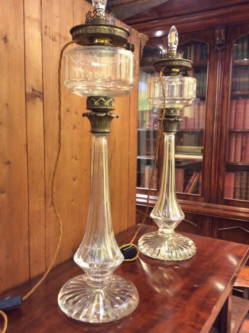 19thc Pair of Tall Glass Lamps