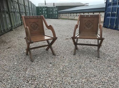 19thc Pair of Gothic Glastonbury Oak Chairs