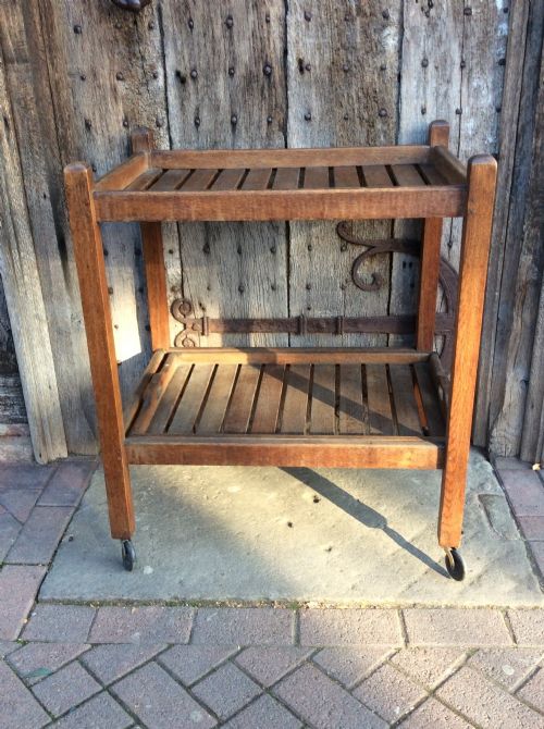 Slatted Oak Trolley on Wheels with Sliding and Removable Lower Tray