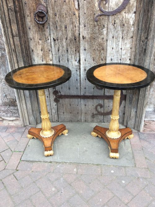 A Pair of 19thc Amboyna, Ebony and Parcel Gilt Tables
