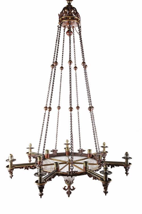 fig 4. A large 19th century Gothic gilt bronze seven-branch colza chandelier